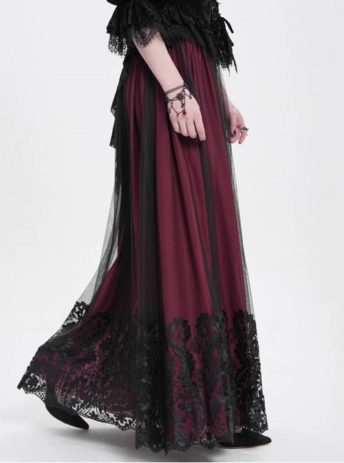 Elegant Daily Red Stitching Black Lace Mesh Gorgeous Patchwork Decorated Gothic Style Skirt