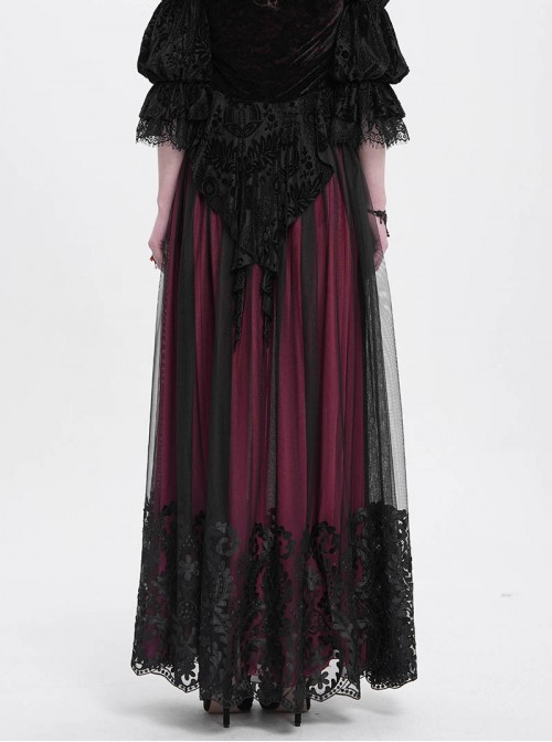 Elegant Daily Red Stitching Black Lace Mesh Gorgeous Patchwork Decorated Gothic Style Skirt