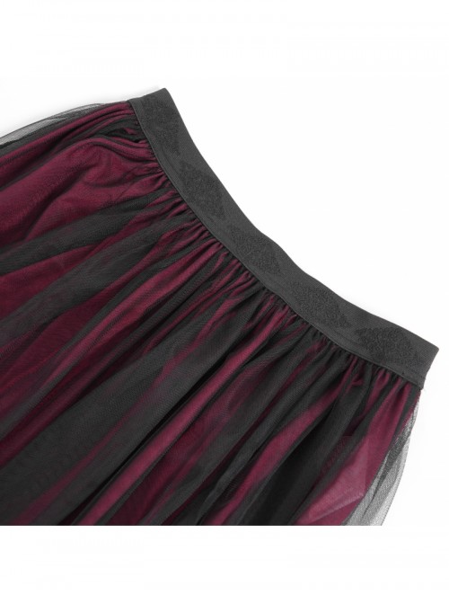 Elegant Daily Red Stitching Black Lace Mesh Gorgeous Patchwork Decorated Gothic Style Skirt