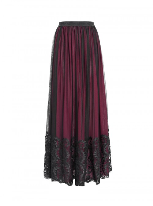 Elegant Daily Red Stitching Black Lace Mesh Gorgeous Patchwork Decorated Gothic Style Skirt
