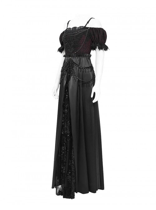 Retro Gorgeous Black Red Sexy One Shoulder Retro Lace Stitching Exquisite Beaded Decoration Gothic Style Dress