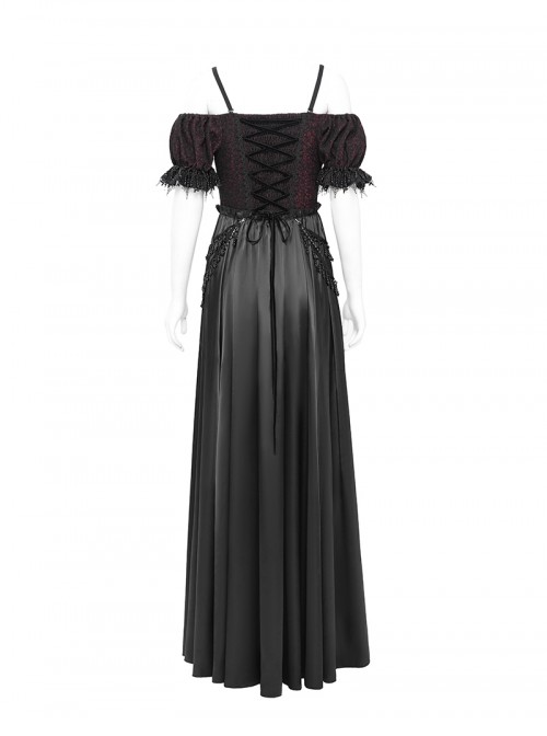 Retro Gorgeous Black Red Sexy One Shoulder Retro Lace Stitching Exquisite Beaded Decoration Gothic Style Dress