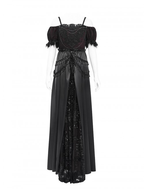 Retro Gorgeous Black Red Sexy One Shoulder Retro Lace Stitching Exquisite Beaded Decoration Gothic Style Dress