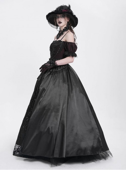 Retro Gorgeous Black Red Sexy One Shoulder Retro Lace Stitching Exquisite Beaded Decoration Gothic Style Dress