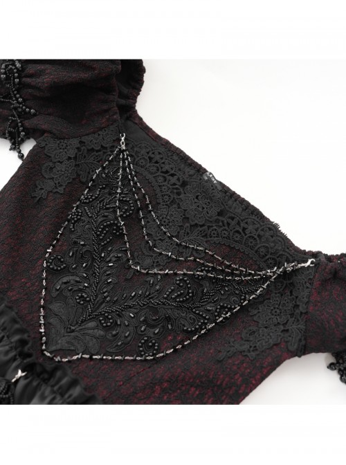 Retro Gorgeous Black Red Sexy One Shoulder Retro Lace Stitching Exquisite Beaded Decoration Gothic Style Dress