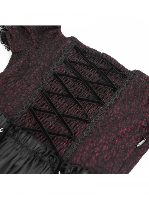 Retro Gorgeous Black Red Sexy One Shoulder Retro Lace Stitching Exquisite Beaded Decoration Gothic Style Dress