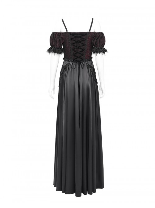 Retro Elegant Black Red Sexy One Shoulder Gorgeous Lace Stitching Exquisite Beaded Decoration Gothic Style Dress