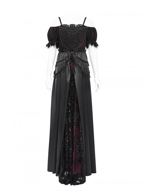 Retro Elegant Black Red Sexy One Shoulder Gorgeous Lace Stitching Exquisite Beaded Decoration Gothic Style Dress