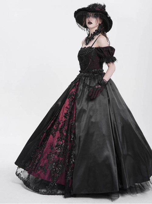 Retro Elegant Black Red Sexy One Shoulder Gorgeous Lace Stitching Exquisite Beaded Decoration Gothic Style Dress