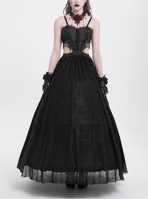 Sexy Elegant Black Exquisite Lace Stitching Beaded Decoration Waist Hollow Gothic Style Dress