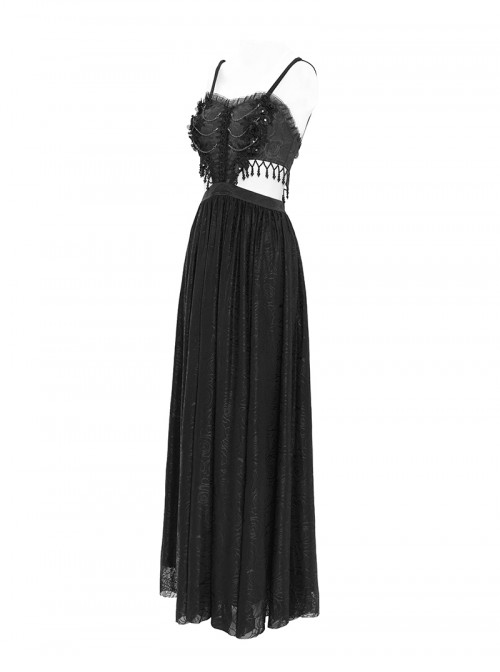 Sexy Elegant Black Exquisite Lace Stitching Beaded Decoration Waist Hollow Gothic Style Dress