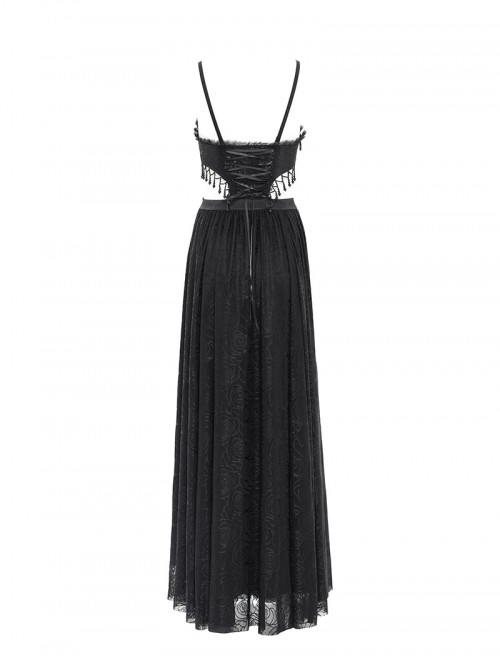 Sexy Elegant Black Exquisite Lace Stitching Beaded Decoration Waist Hollow Gothic Style Dress