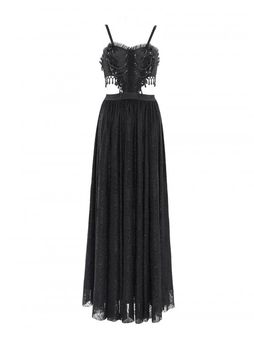 Sexy Elegant Black Exquisite Lace Stitching Beaded Decoration Waist Hollow Gothic Style Dress