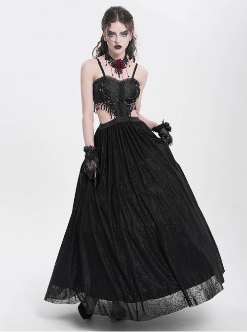 Sexy Elegant Black Exquisite Lace Stitching Beaded Decoration Waist Hollow Gothic Style Dress