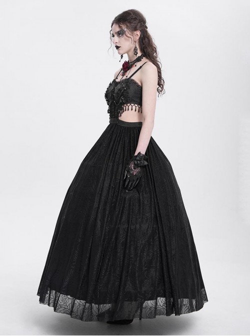 Sexy Elegant Black Exquisite Lace Stitching Beaded Decoration Waist Hollow Gothic Style Dress
