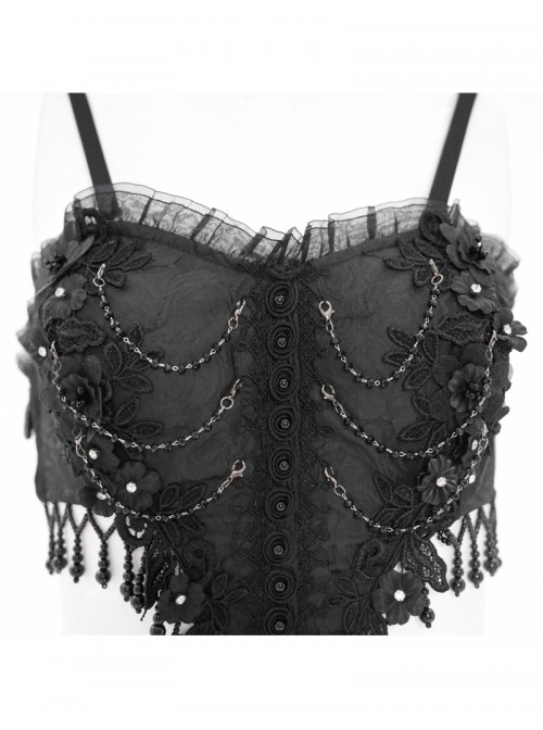 Sexy Elegant Black Exquisite Lace Stitching Beaded Decoration Waist Hollow Gothic Style Dress
