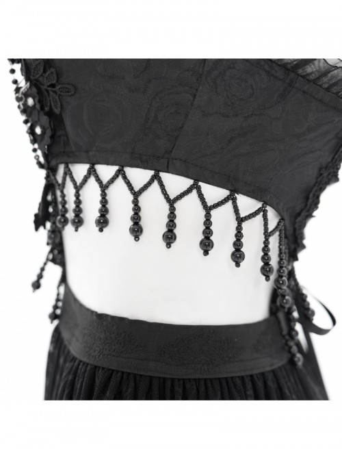 Sexy Elegant Black Exquisite Lace Stitching Beaded Decoration Waist Hollow Gothic Style Dress