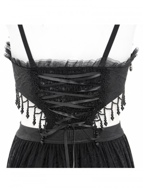 Sexy Elegant Black Exquisite Lace Stitching Beaded Decoration Waist Hollow Gothic Style Dress