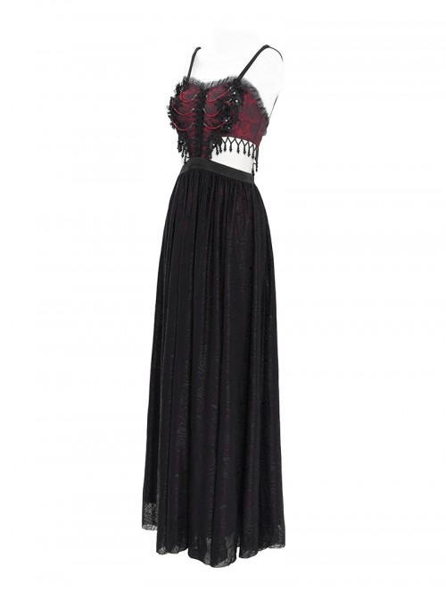 Retro Black Red Gorgeous Lace Splicing Beaded Decoration Sexy Waist Hollow Gothic Style Dress