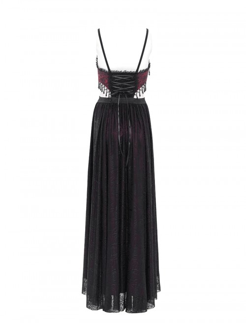 Retro Black Red Gorgeous Lace Splicing Beaded Decoration Sexy Waist Hollow Gothic Style Dress