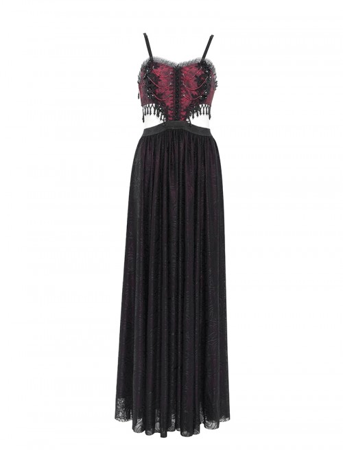 Retro Black Red Gorgeous Lace Splicing Beaded Decoration Sexy Waist Hollow Gothic Style Dress
