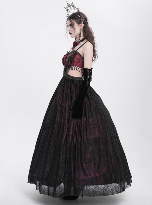 Retro Black Red Gorgeous Lace Splicing Beaded Decoration Sexy Waist Hollow  Gothic Style Dress