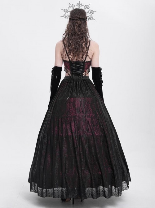 Retro Black Red Gorgeous Lace Splicing Beaded Decoration Sexy Waist Hollow Gothic Style Dress