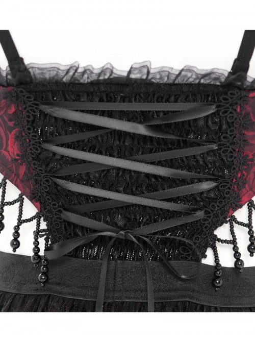 Retro Black Red Gorgeous Lace Splicing Beaded Decoration Sexy Waist Hollow Gothic Style Dress