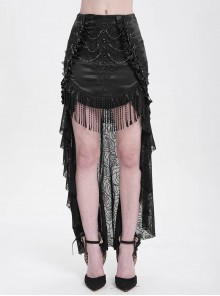 Vintage Black Satin Ruffles Exquisite Lace Stitching Unique Tassel Hem Beaded Decoration Gothic Style Skirt