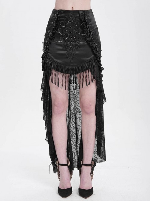 Vintage Black Satin Ruffles Exquisite Lace Stitching Unique Tassel Hem Beaded Decoration Gothic Style Skirt