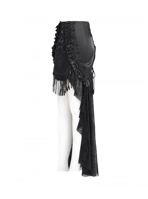 Vintage Black Satin Ruffles Exquisite Lace Stitching Unique Tassel Hem Beaded Decoration Gothic Style Skirt