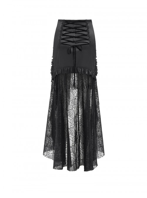 Vintage Black Satin Ruffles Exquisite Lace Stitching Unique Tassel Hem Beaded Decoration Gothic Style Skirt