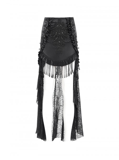 Vintage Black Satin Ruffles Exquisite Lace Stitching Unique Tassel Hem Beaded Decoration Gothic Style Skirt