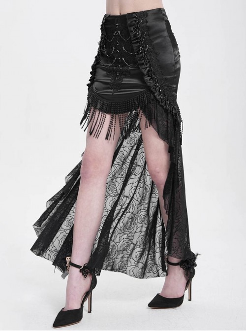 Vintage Black Satin Ruffles Exquisite Lace Stitching Unique Tassel Hem Beaded Decoration Gothic Style Skirt