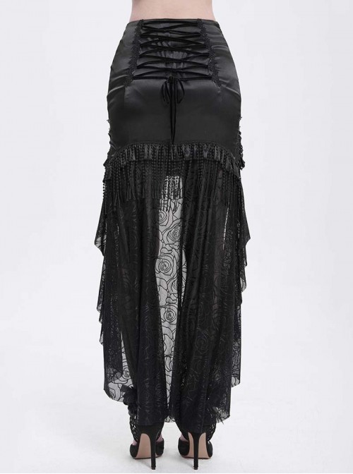 Vintage Black Satin Ruffles Exquisite Lace Stitching Unique Tassel Hem Beaded Decoration Gothic Style Skirt