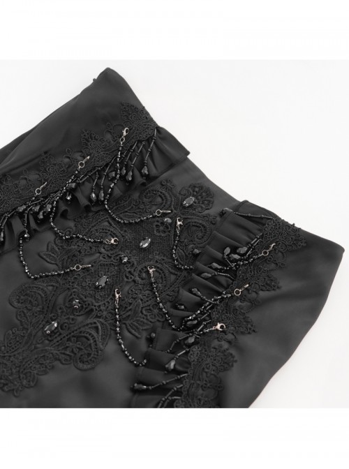 Vintage Black Satin Ruffles Exquisite Lace Stitching Unique Tassel Hem Beaded Decoration Gothic Style Skirt