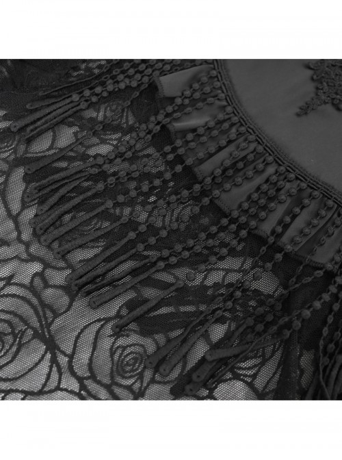 Vintage Black Satin Ruffles Exquisite Lace Stitching Unique Tassel Hem Beaded Decoration Gothic Style Skirt