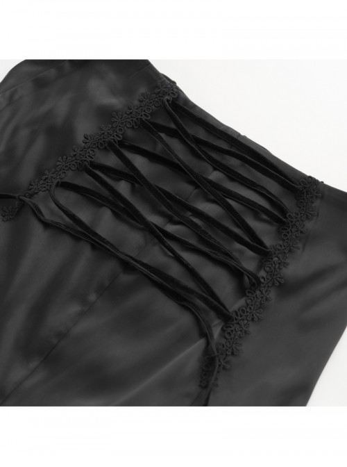 Vintage Black Satin Ruffles Exquisite Lace Stitching Unique Tassel Hem Beaded Decoration Gothic Style Skirt
