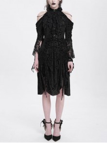 Retro Gorgeous Black Sexy Off Shoulder Design Exquisite Lace Stitching Rose Decoration Gothic Style Dress