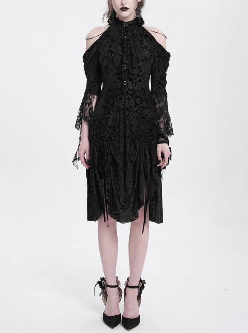 Retro Gorgeous Black Sexy Off Shoulder Design Exquisite Lace Stitching Rose Decoration Gothic Style Dress