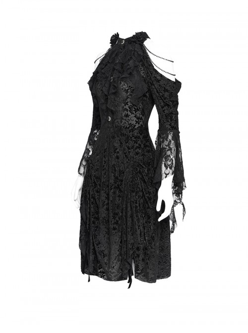 Retro Gorgeous Black Sexy Off Shoulder Design Exquisite Lace Stitching Rose Decoration Gothic Style Dress