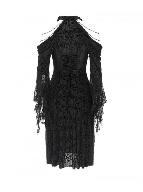 Retro Gorgeous Black Sexy Off Shoulder Design Exquisite Lace Stitching Rose Decoration Gothic Style Dress