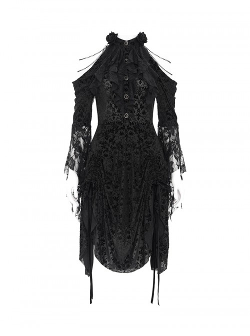 Retro Gorgeous Black Sexy Off Shoulder Design Exquisite Lace Stitching Rose Decoration Gothic Style Dress