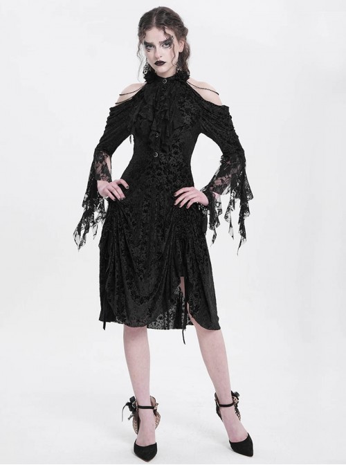 Retro Gorgeous Black Sexy Off Shoulder Design Exquisite Lace Stitching Rose Decoration Gothic Style Dress