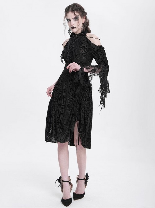 Retro Gorgeous Black Sexy Off Shoulder Design Exquisite Lace Stitching Rose Decoration Gothic Style Dress