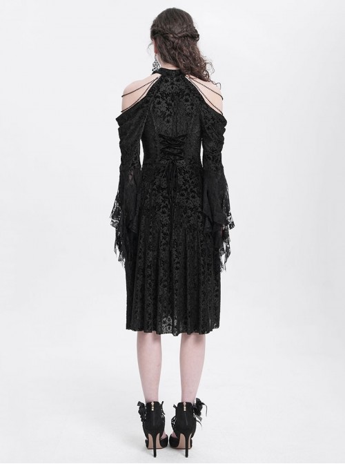 Retro Gorgeous Black Sexy Off Shoulder Design Exquisite Lace Stitching Rose Decoration Gothic Style Dress