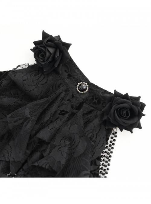 Retro Gorgeous Black Sexy Off Shoulder Design Exquisite Lace Stitching Rose Decoration Gothic Style Dress