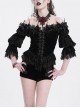 Gorgeous Elegant Black Sexy One Shoulder Exquisite Lace Velvet Splicing Rose Feather Decoration Gothic Style Top