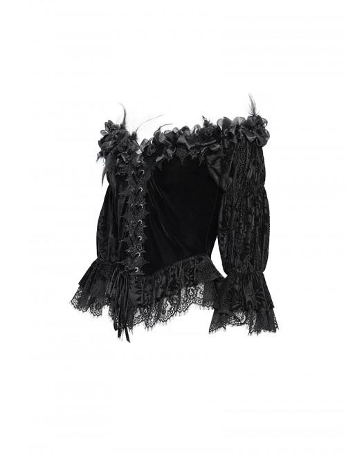 Gorgeous Elegant Black Sexy One Shoulder Exquisite Lace Velvet Splicing Rose Feather Decoration Gothic Style Top