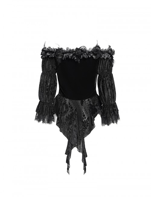 Gorgeous Elegant Black Sexy One Shoulder Exquisite Lace Velvet Splicing Rose Feather Decoration Gothic Style Top